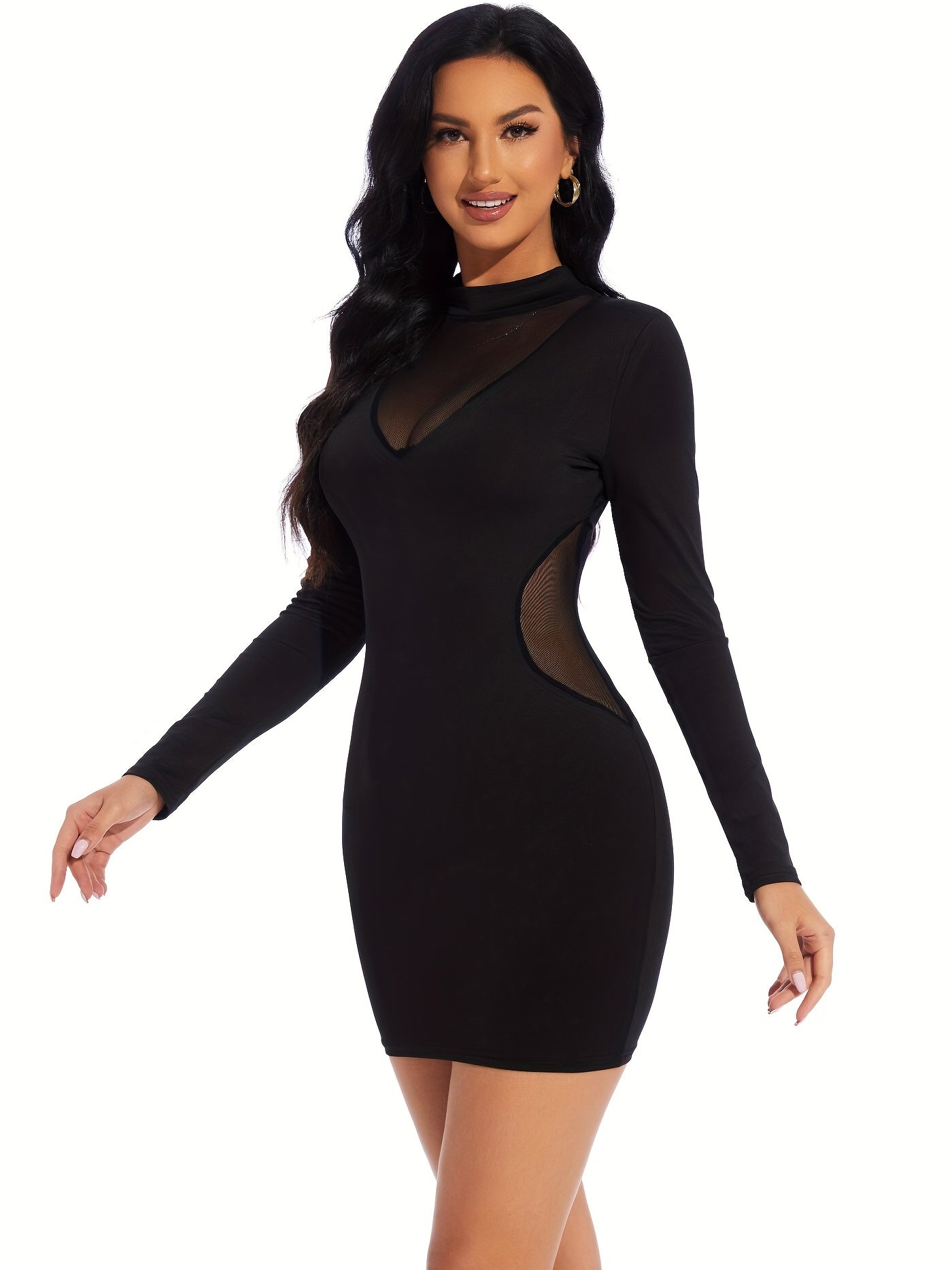 Solid Contrast Mesh Round Neck Long Sleeve Dress