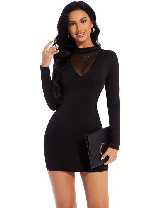 Solid Contrast Mesh Round Neck Long Sleeve Dress